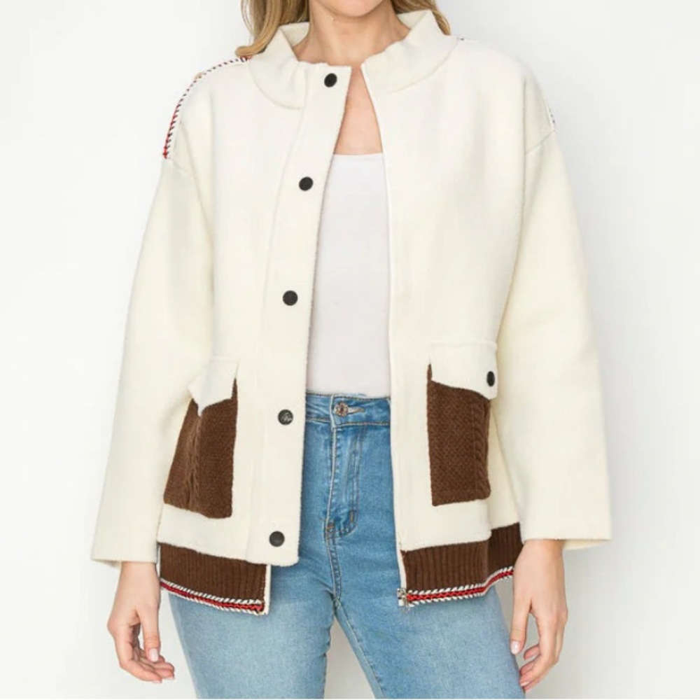 JOH APPAREL Women's Beige/Cream Knitted Sweater Jacket Cable Contrast Large NEW